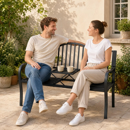 Outdoor Bench with Retractable Table, Metal Frame Patio Loveseat, Black Outdoor Benches Options at Gallery Canada