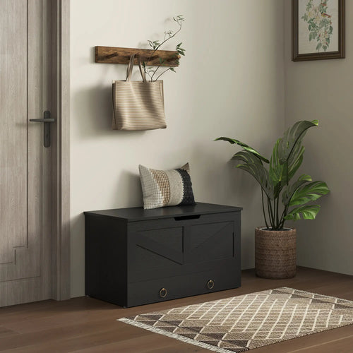 31.5 Inches Storage Chest, Wooden Box, Black Wood Grain, Black