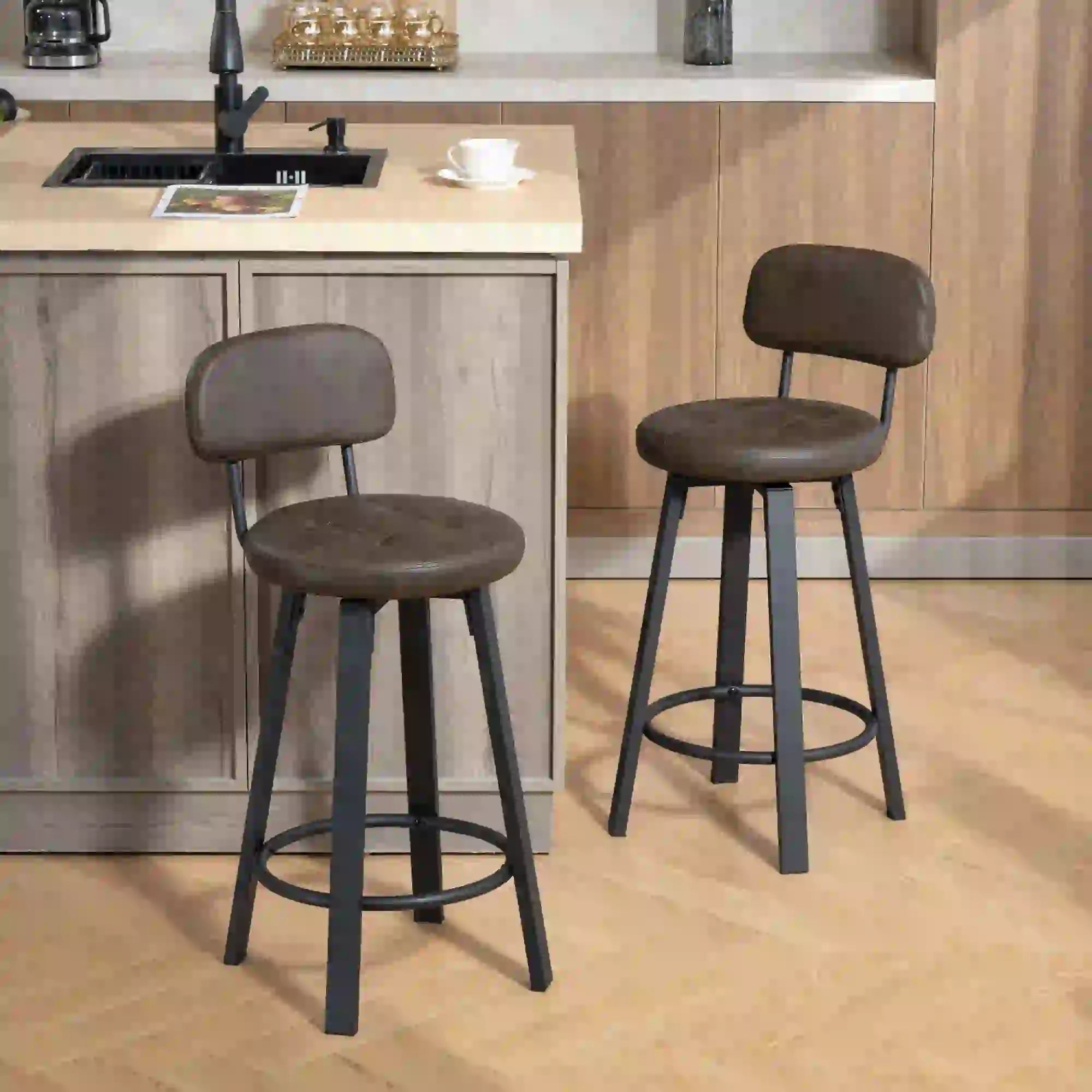 Upholstered Bar Stools Set Of 2, With Footrest And Backrest, Brown Bar Stools at Gallery Canada