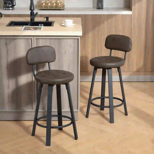 Upholstered Bar Stools Set Of 2, With Footrest And Backrest, Brown