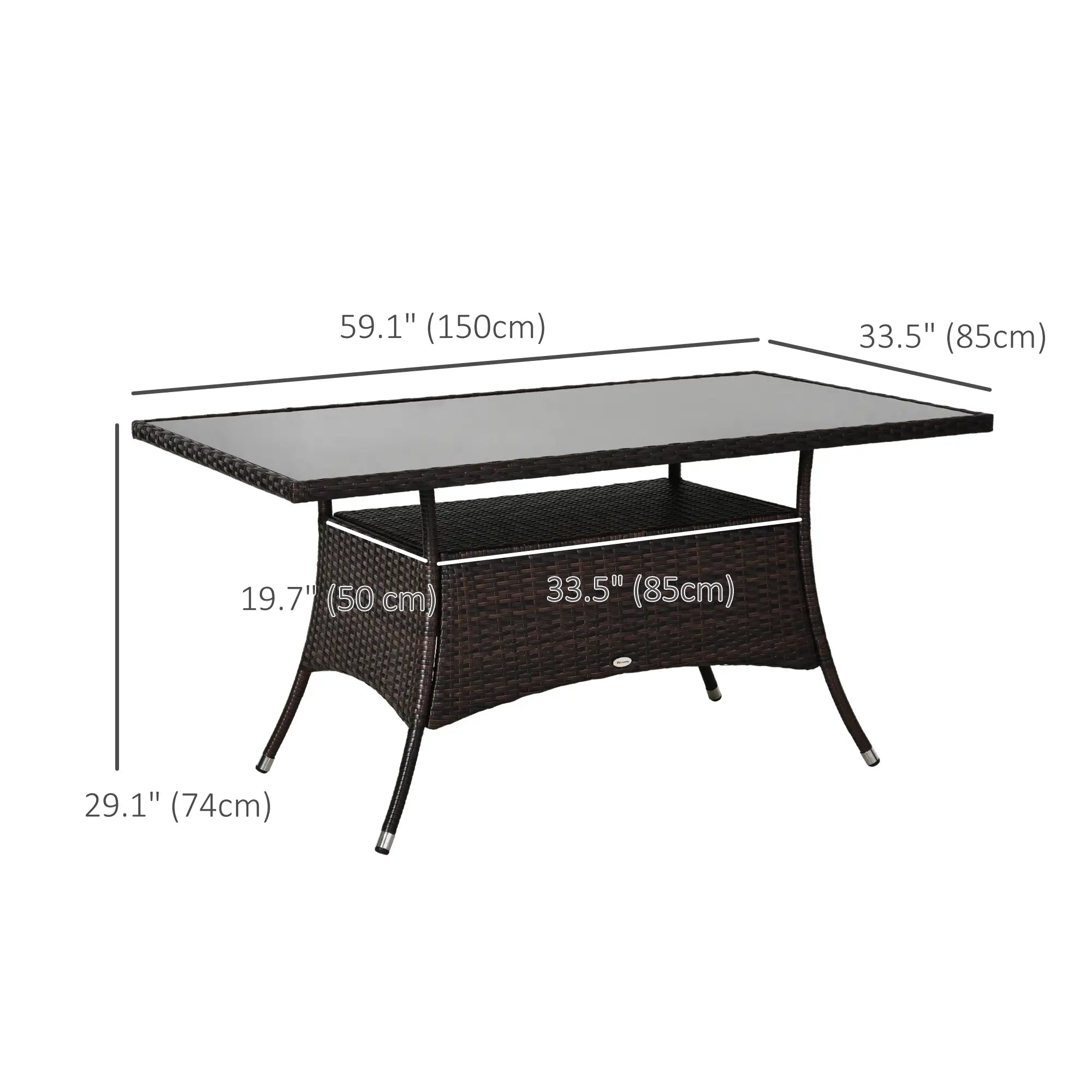 Rattan Dining Table with Glass Top, Storage Shelf, 59