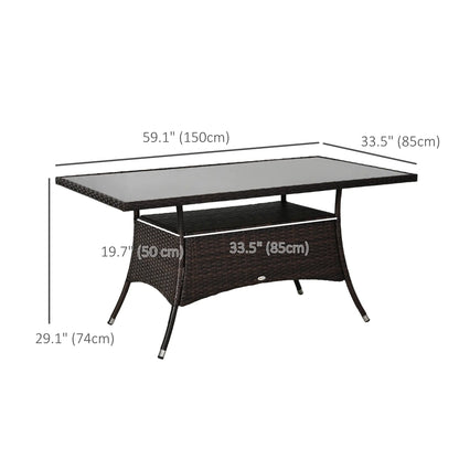 Rattan Dining Table with Glass Top, Storage Shelf, 59" x 34" x 29", Brown Patio Dinning Tables at Gallery Canada