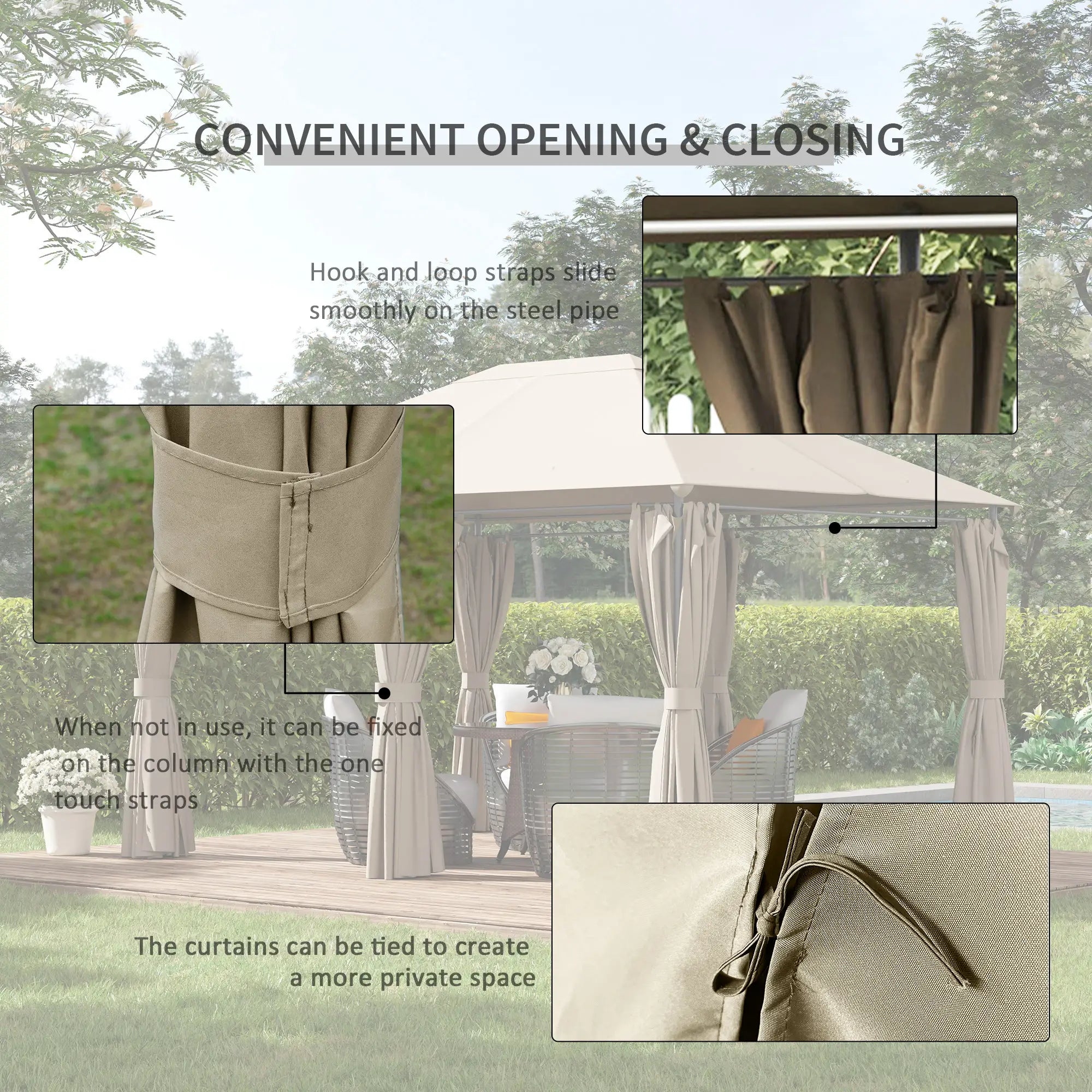 13'x10' Steel Patio Gazebo, Soft Top, 6 Removable Curtains, Khaki Gazebos at Gallery Canada