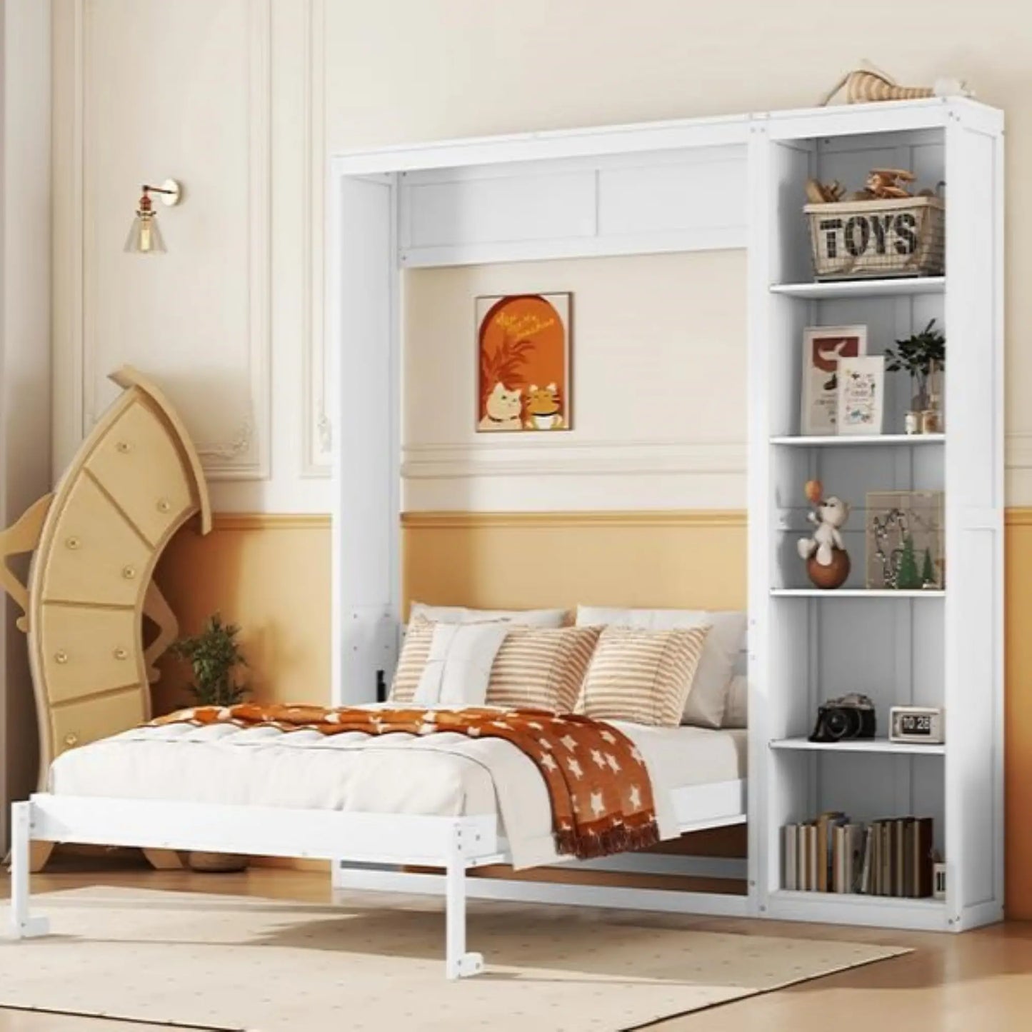 Murphy Bed with Storage Shelves, Space-Saving Wall Bed, 87.5" L x 16" W x 84" H, White Bed Frames at Gallery Canada
