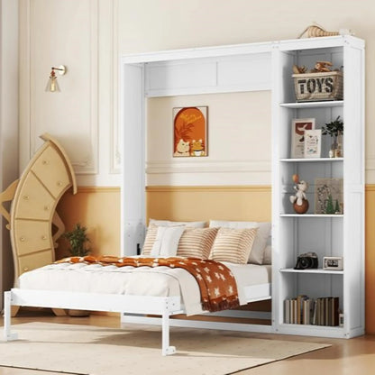 Murphy Bed with Storage Shelves, Space-Saving Wall Bed, 87.5" L x 16" W x 84" H, White Bed Frames at Gallery Canada