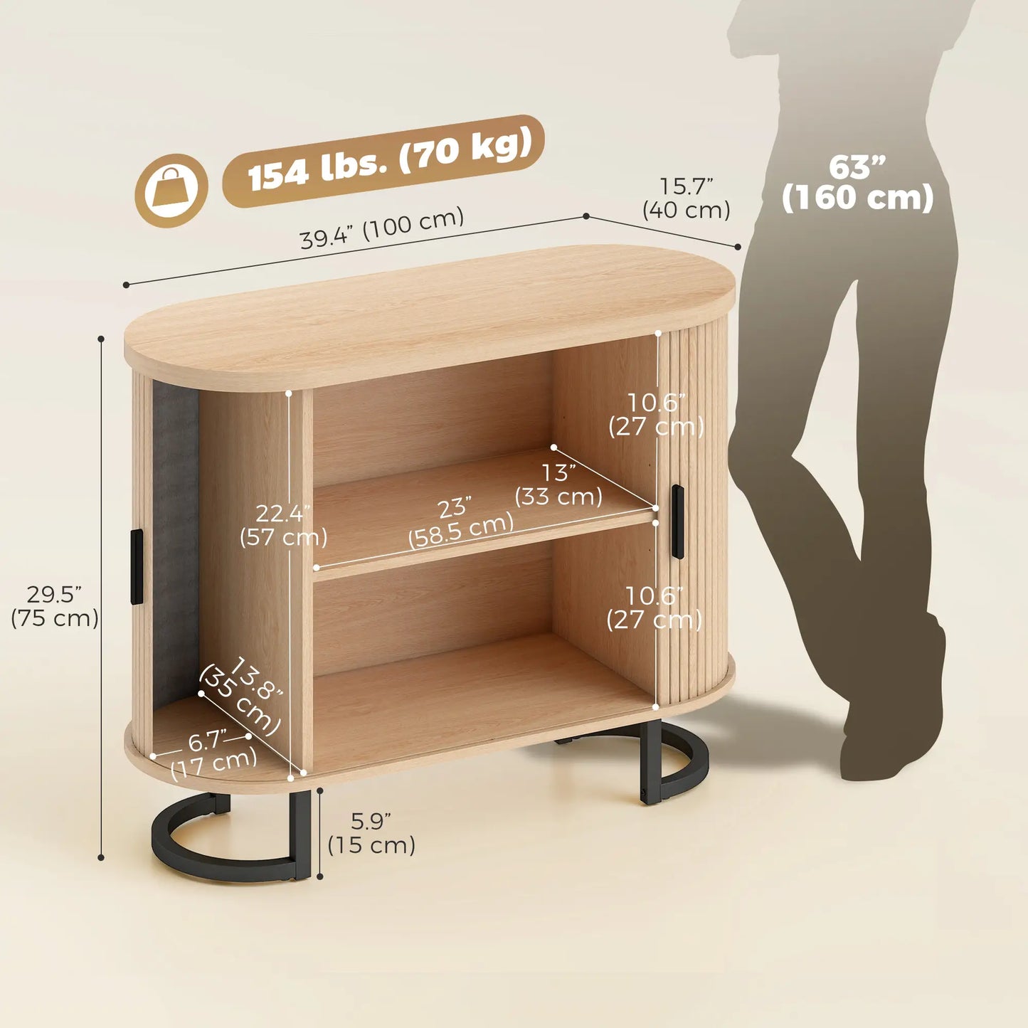 Sideboard Buffet Cabinet, Curved Tambour Doors, Natural Wood