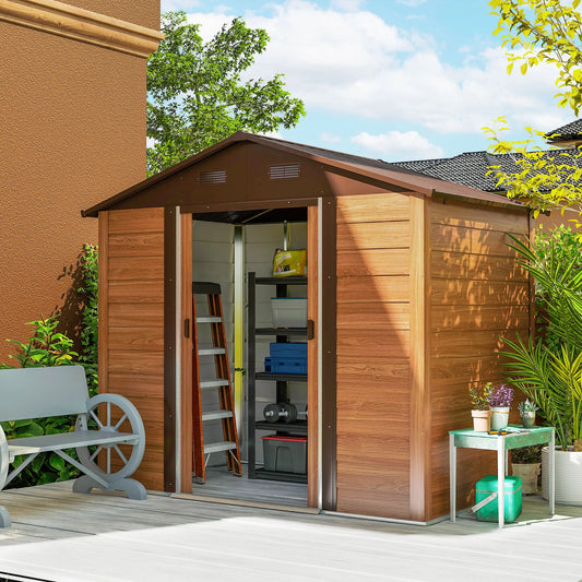 7.7' x 6.5' Metal Garden Shed, Ventilation, Dark Brown Wood Grain