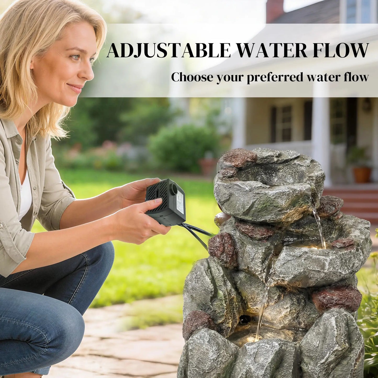 Outdoor Fountain, LED Lights, Adjustable Flow, 3-Tier, Rustic Rock Look, Grey Water Fountains at Gallery Canada