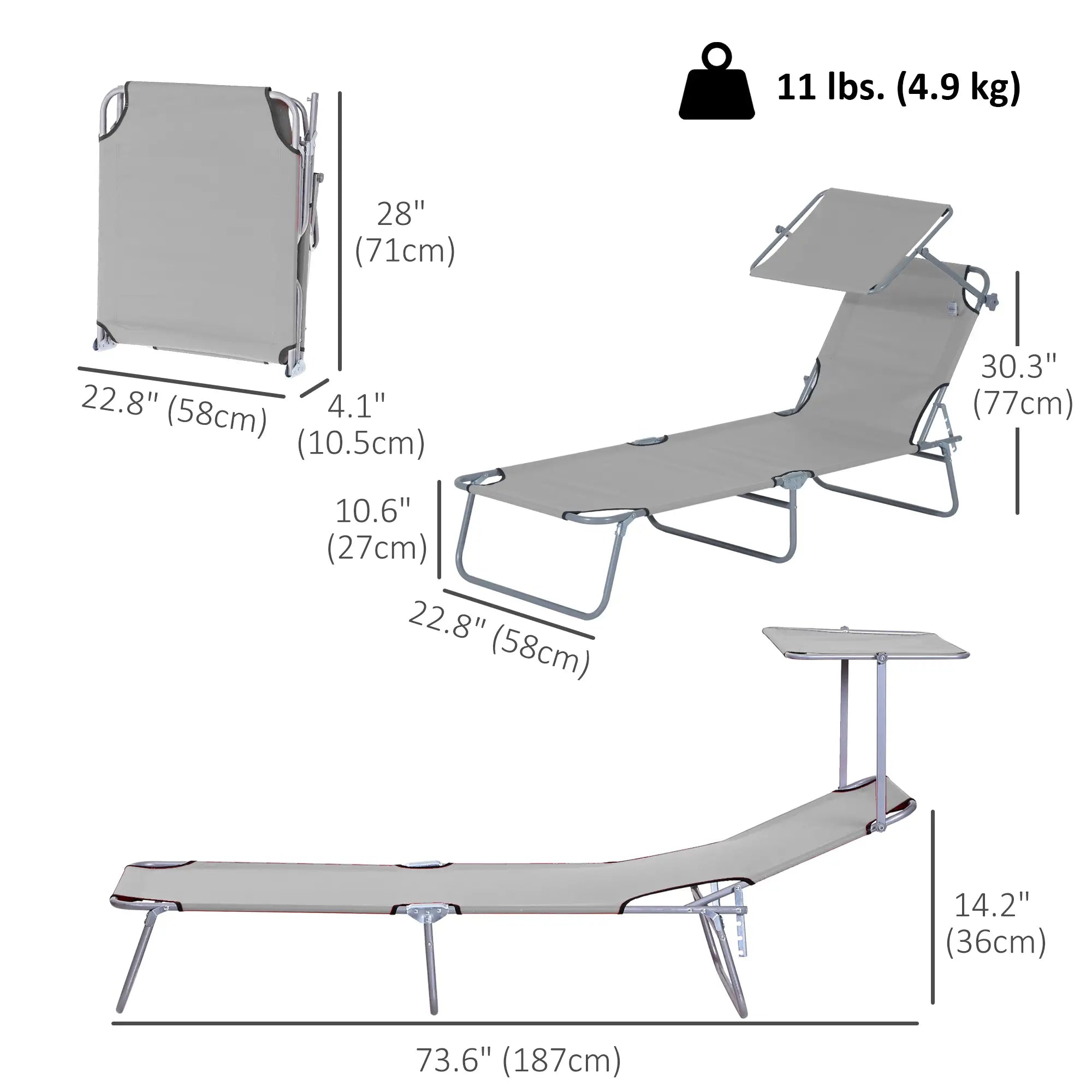 Outdoor Lounge Chair, Adjustable Folding Chaise, Sun Shade, Light Grey Lounger Chairs at Gallery Canada