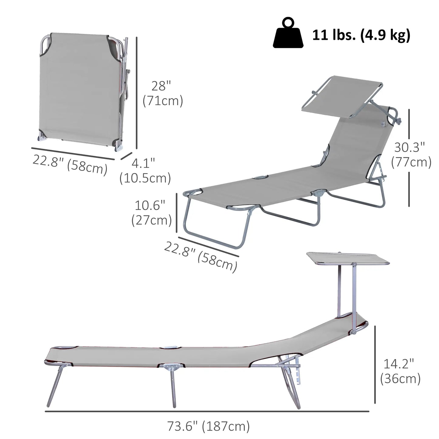Outdoor Lounge Chair, Adjustable Folding Chaise, Sun Shade, Light Grey Lounger Chairs at Gallery Canada