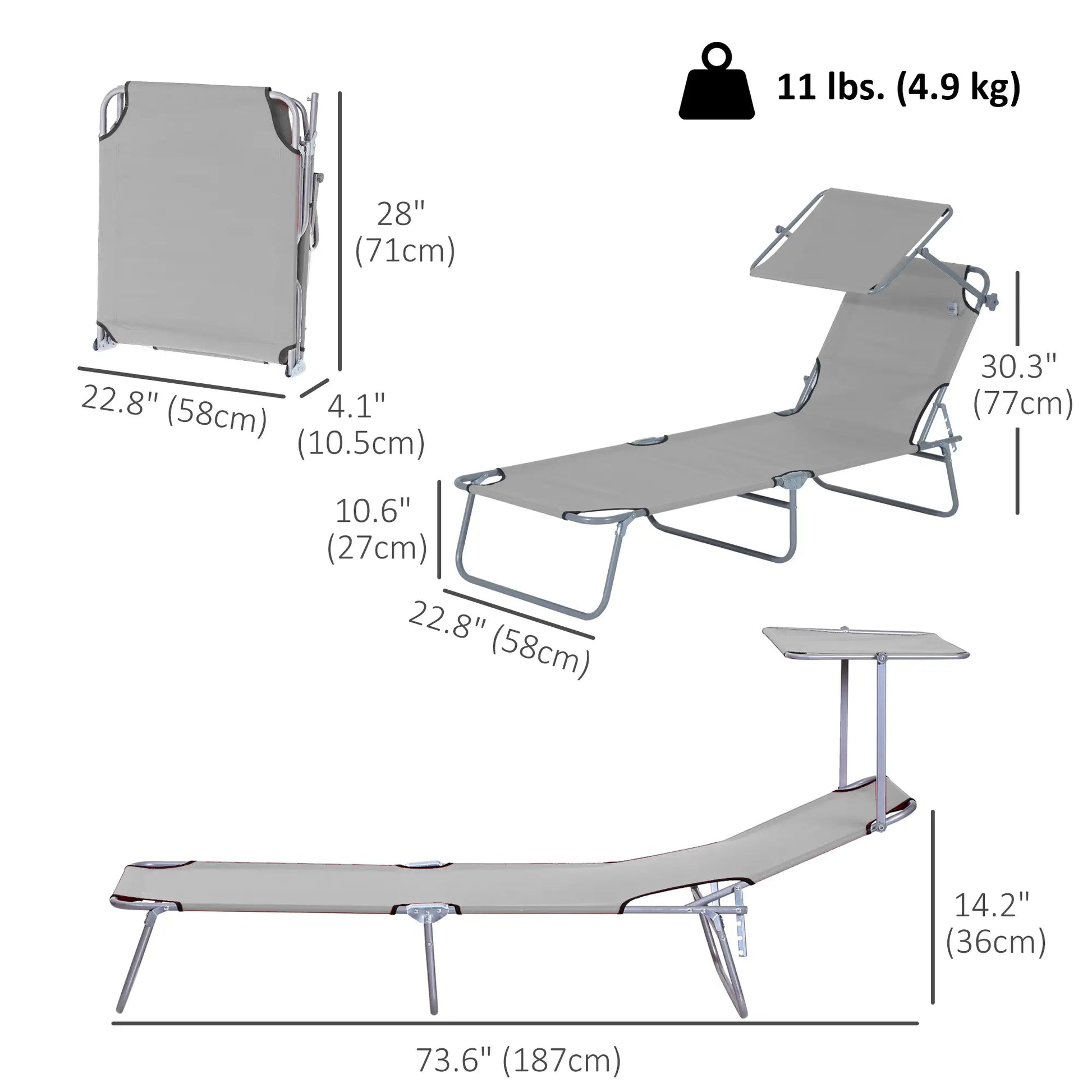 Outdoor Lounge Chair, Adjustable Folding Chaise, Sun Shade, Light Grey Lounger Chairs at Gallery Canada