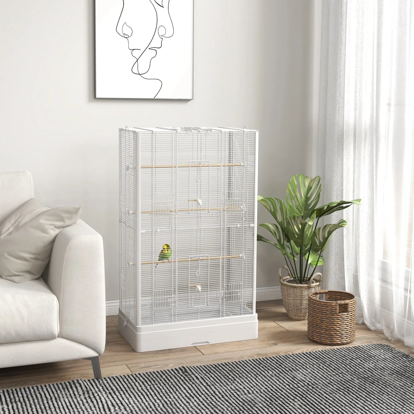 39" Bird Cage for Budgies, Finches, Canaries, Wooden Stand, White Bird Cages at Gallery Canada