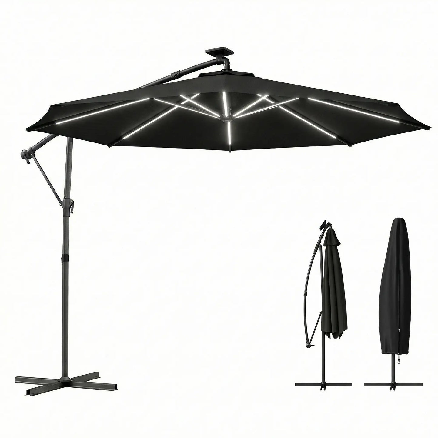 10 ft Offset Patio Umbrella With Solar Light, 360° Rotation, Tilt, Cover, Black Offset Cantilever Umbrellas Black at Gallery Canada