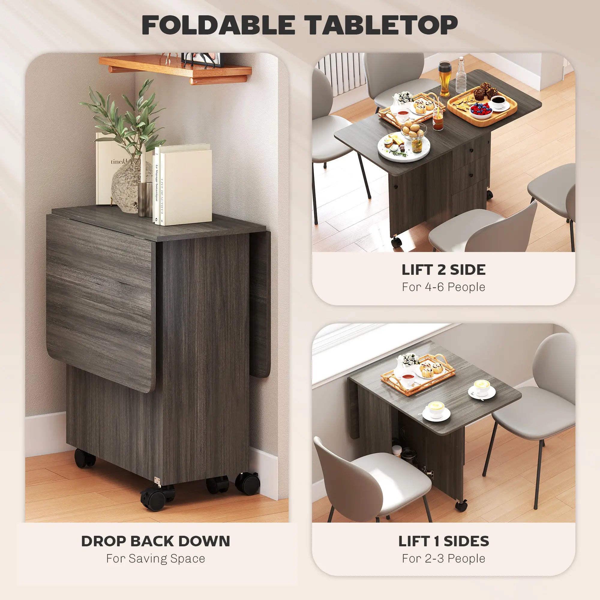 Foldable Dining Table, Rolling Kitchen Table with Storage, Grey Bar Tables & Dining Tables at Gallery Canada