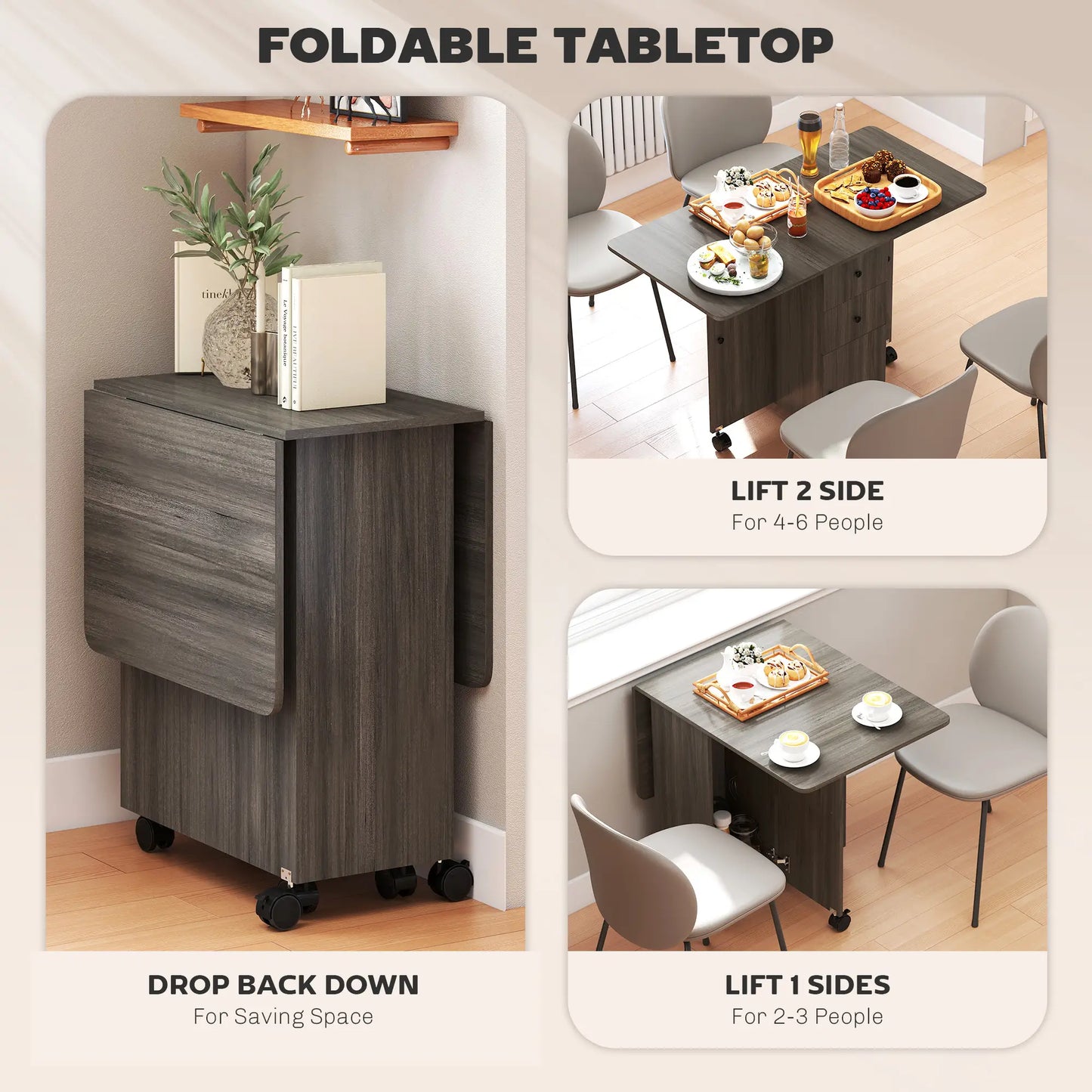 Foldable Dining Table, Rolling Kitchen Table with Storage, Grey Bar Tables & Dining Tables at Gallery Canada