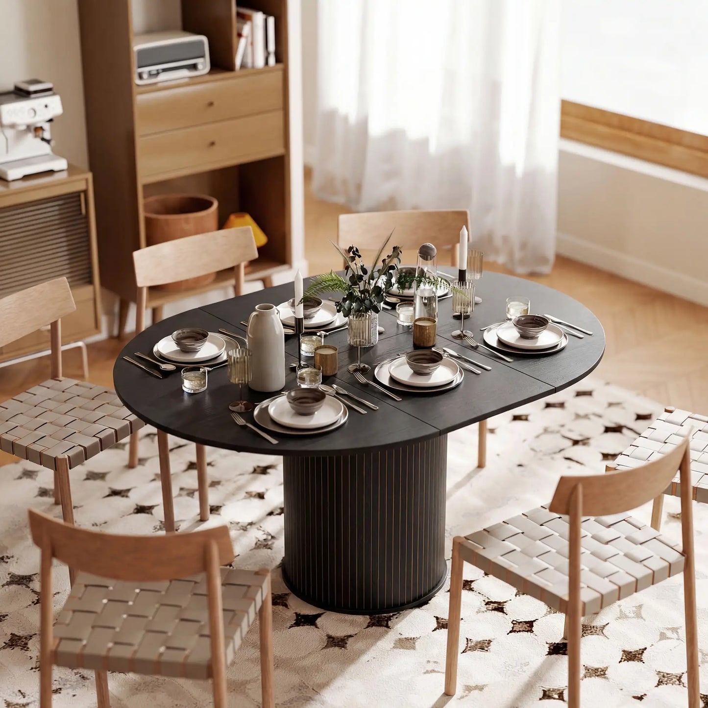 Extendable Kitchen Table, 43.5"-59", Black Wood Grain, Pedestal Base, Black Dining Tables at Gallery Canada