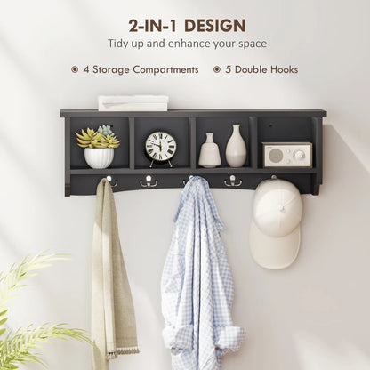 Wall Mount Coat Rack with Shelf, 28", 5 Hooks, 4 Compartments, Black Clothing Storage at Gallery Canada