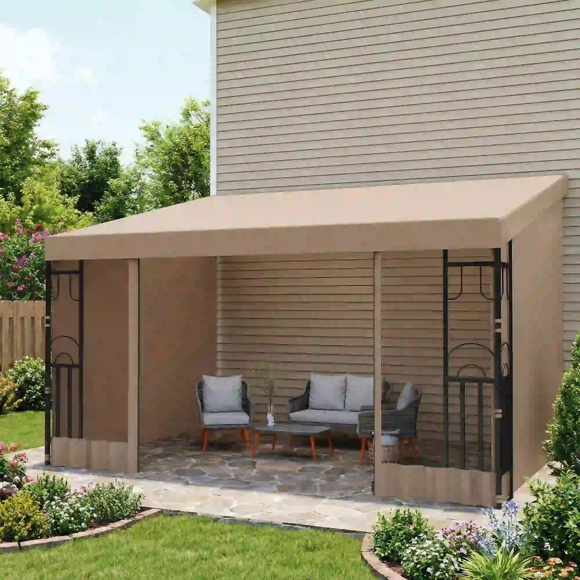 10' x 13' Wall Pergola, Outdoor Gazebo with Curtains, Nettings, Khaki Pergolas at Gallery Canada