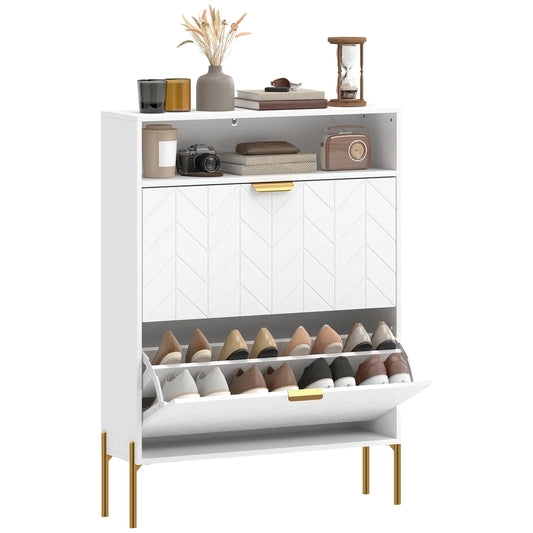 Modern Shoe Cabinet, 2 Flip Drawers, Adjustable Shelves, White Shoe Storage Cabinets & Racks White, Gold at Gallery Canada