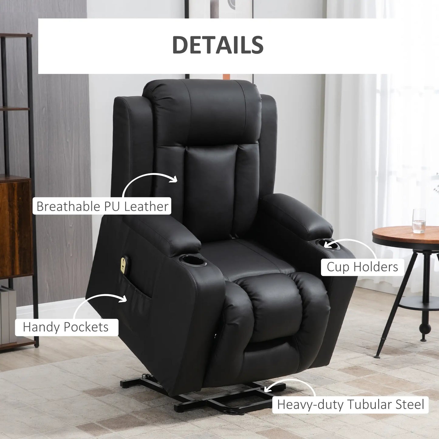 Electric Power Lift Recliner Chair, PU Leather, Remote Control, Black Electric Power Lift Chairs at Gallery Canada