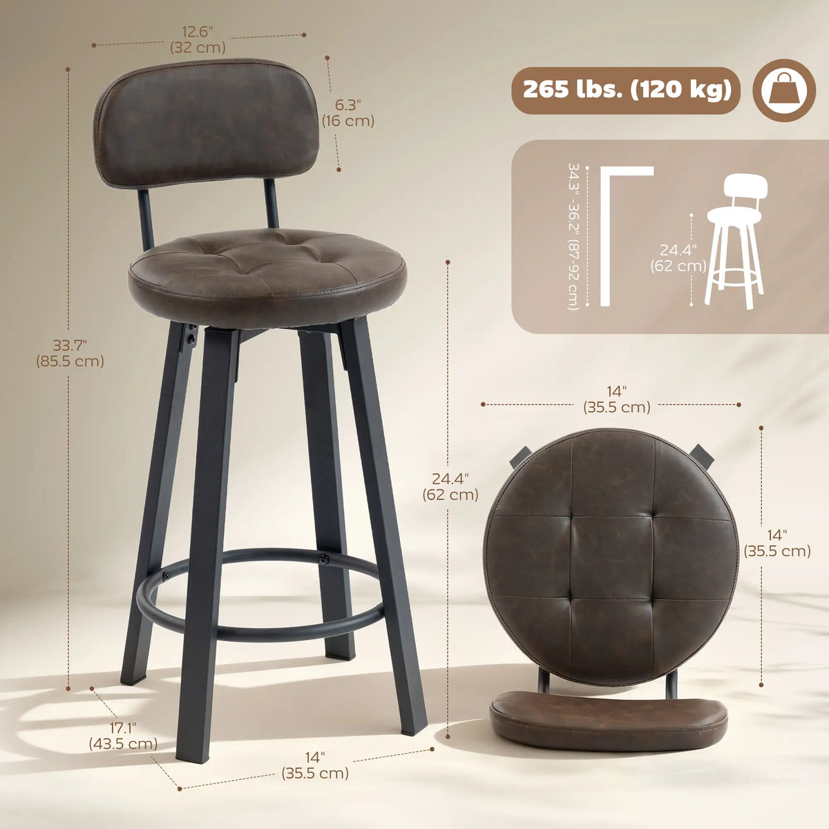 Upholstered Bar Stools Set Of 2, With Footrest And Backrest, Brown Bar Stools at Gallery Canada
