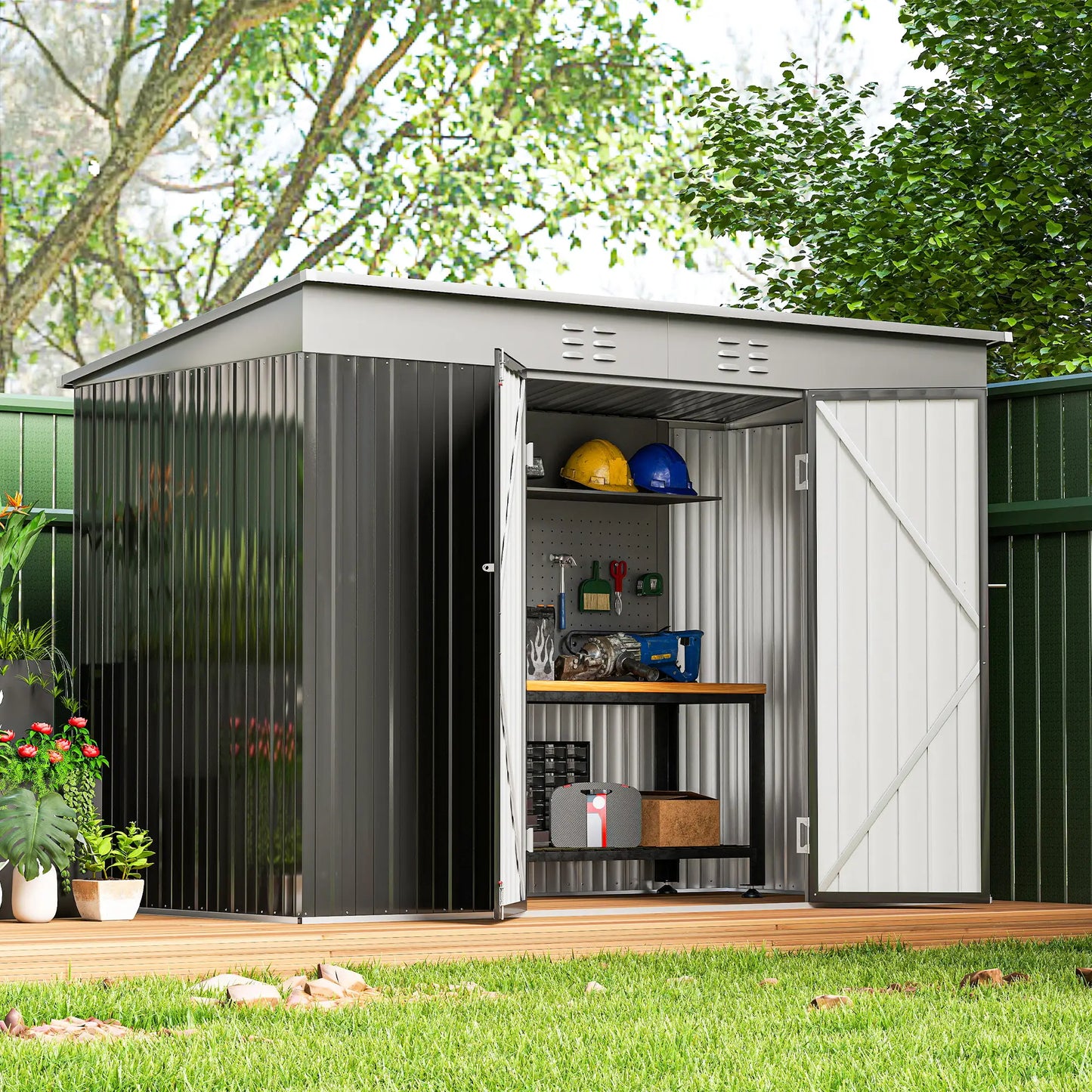 9' x 4' Galvanized Steel Garden Storage Shed, Lockable Doors, 2 Air Vents