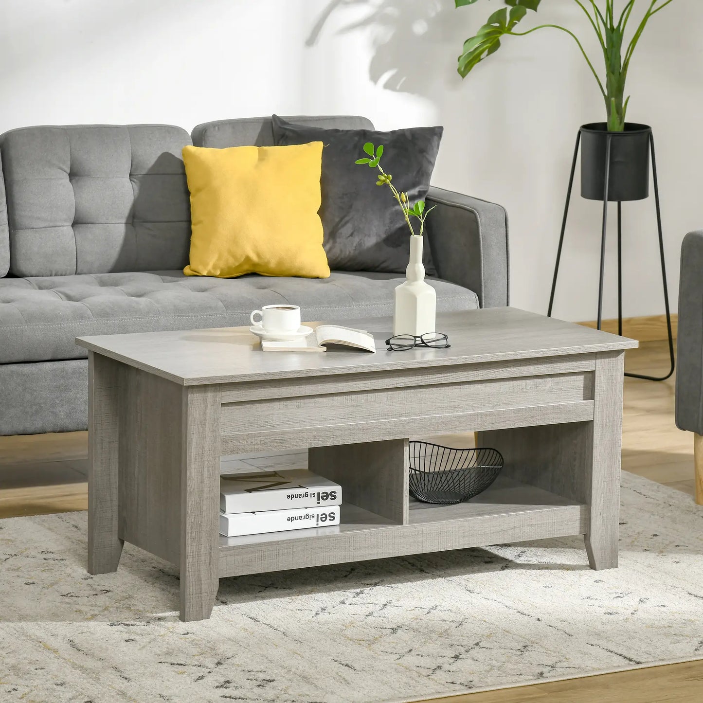 Lift Top Coffee Table, Hidden Storage, Open Shelves, Light Grey Coffee Tables at Gallery Canada