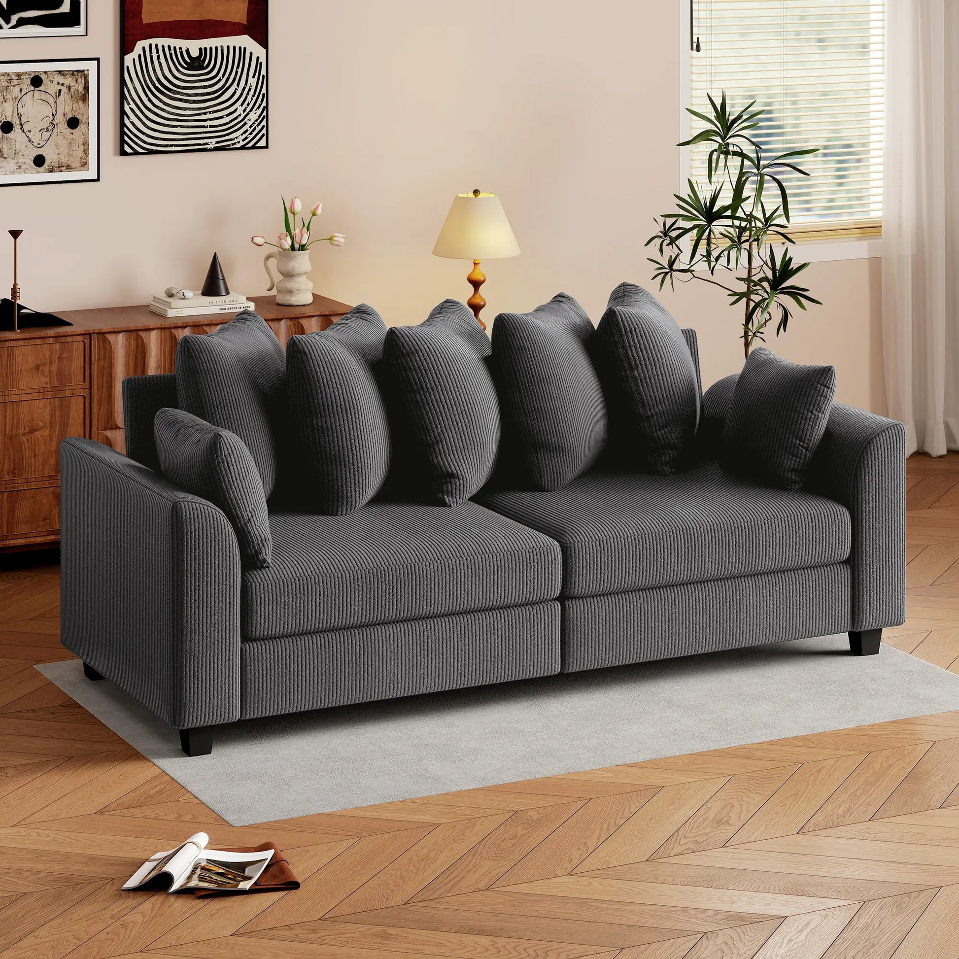 Corduroy Couch, 3 Seater Sofa, Modern Upholstered with Curved Armrests, 8 Removable Pillows, Dark Grey 3-Seater Sofas at Gallery Canada