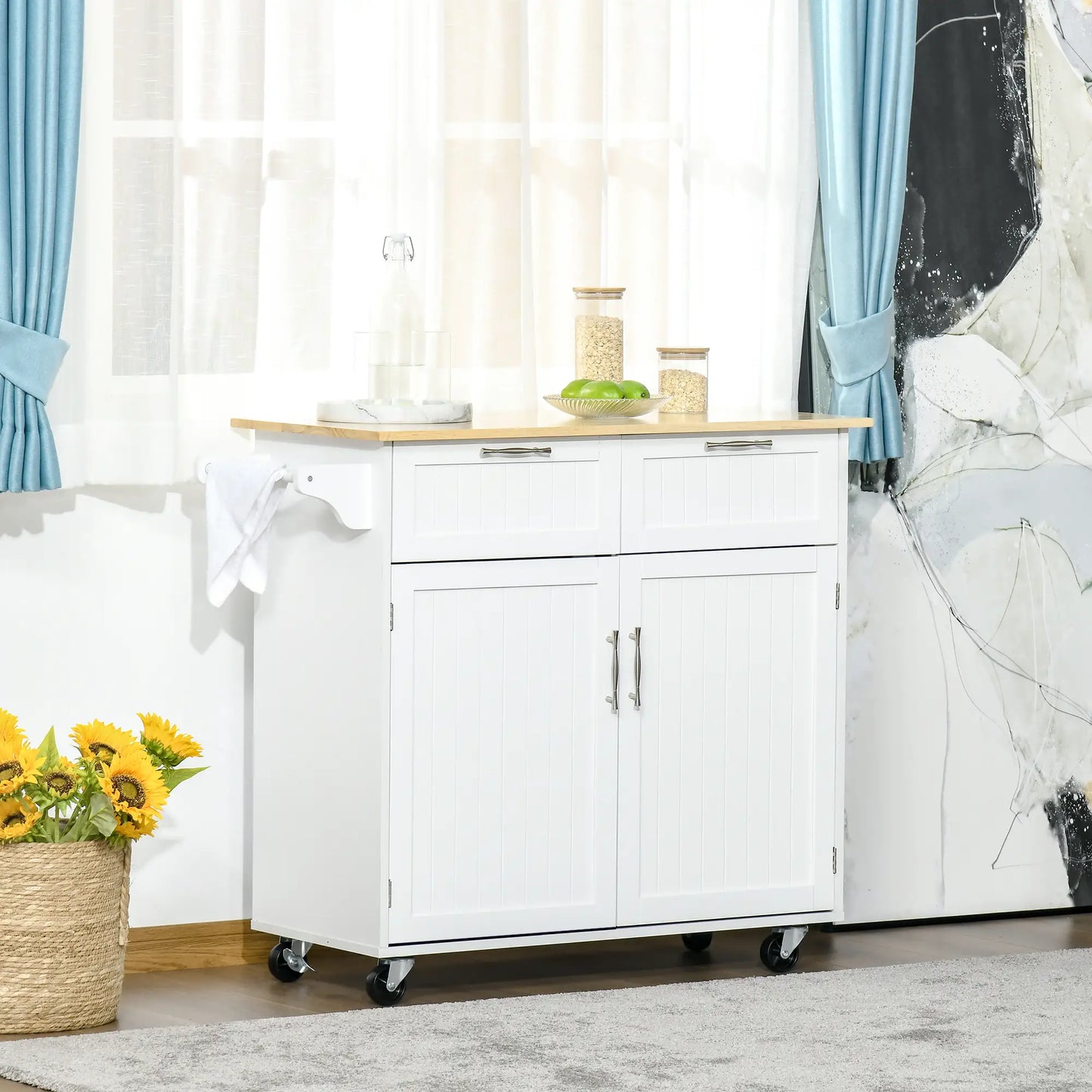 Rolling Kitchen Island with Drawers, Rubber Wood Top, Cabinet, White Kitchen Islands & Kitchen Carts at Gallery Canada