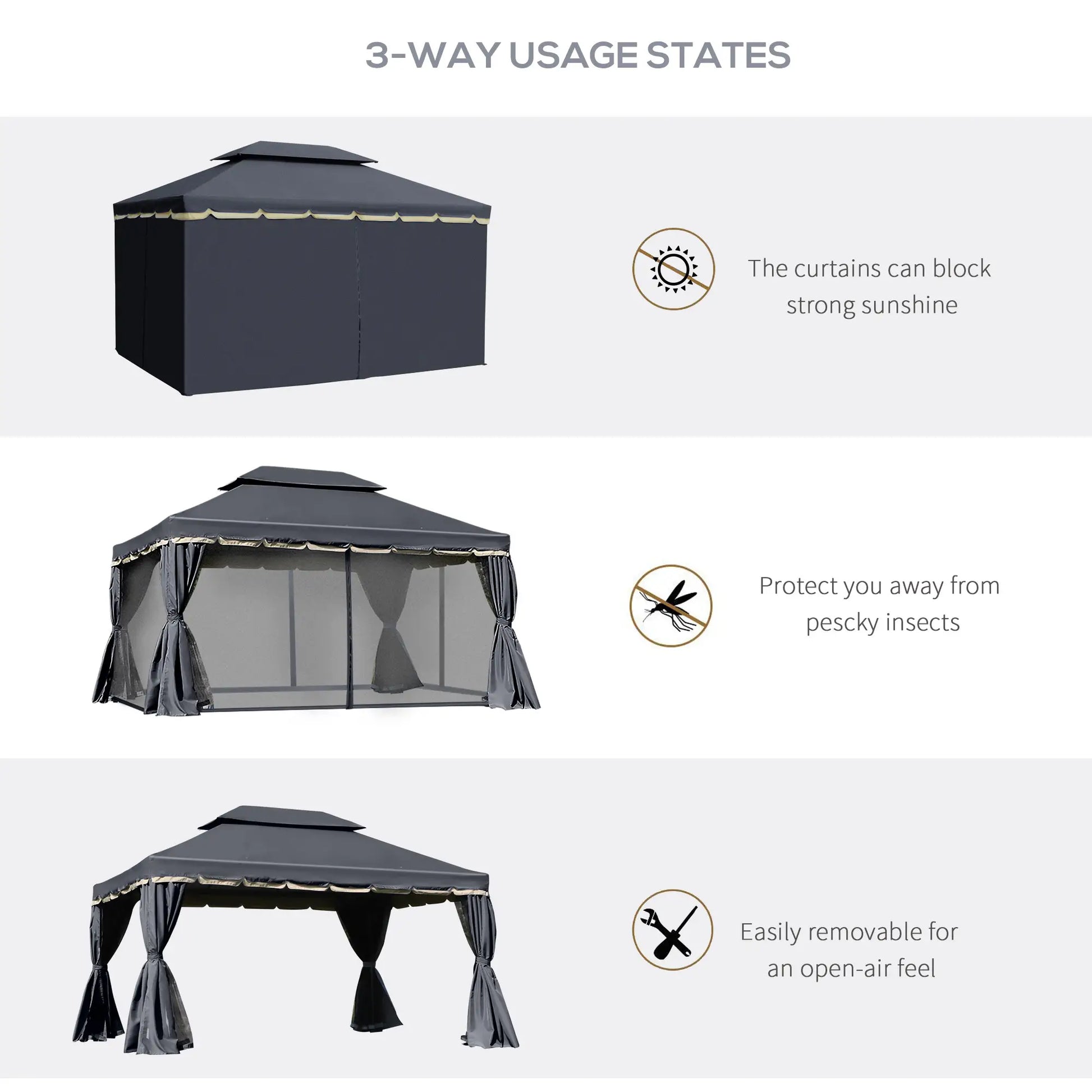 13' x 10' Outdoor Gazebo, 2-Tier Polyester Roof, Vented Mesh, Black Gazebos at Gallery Canada