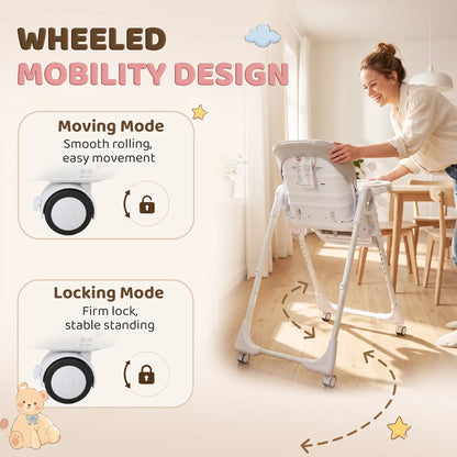 High Chair with Wheels, Double Tray, Foldable Baby Seat with Adjustable Seat Height, Backrest, Footrest and Tray, Grey