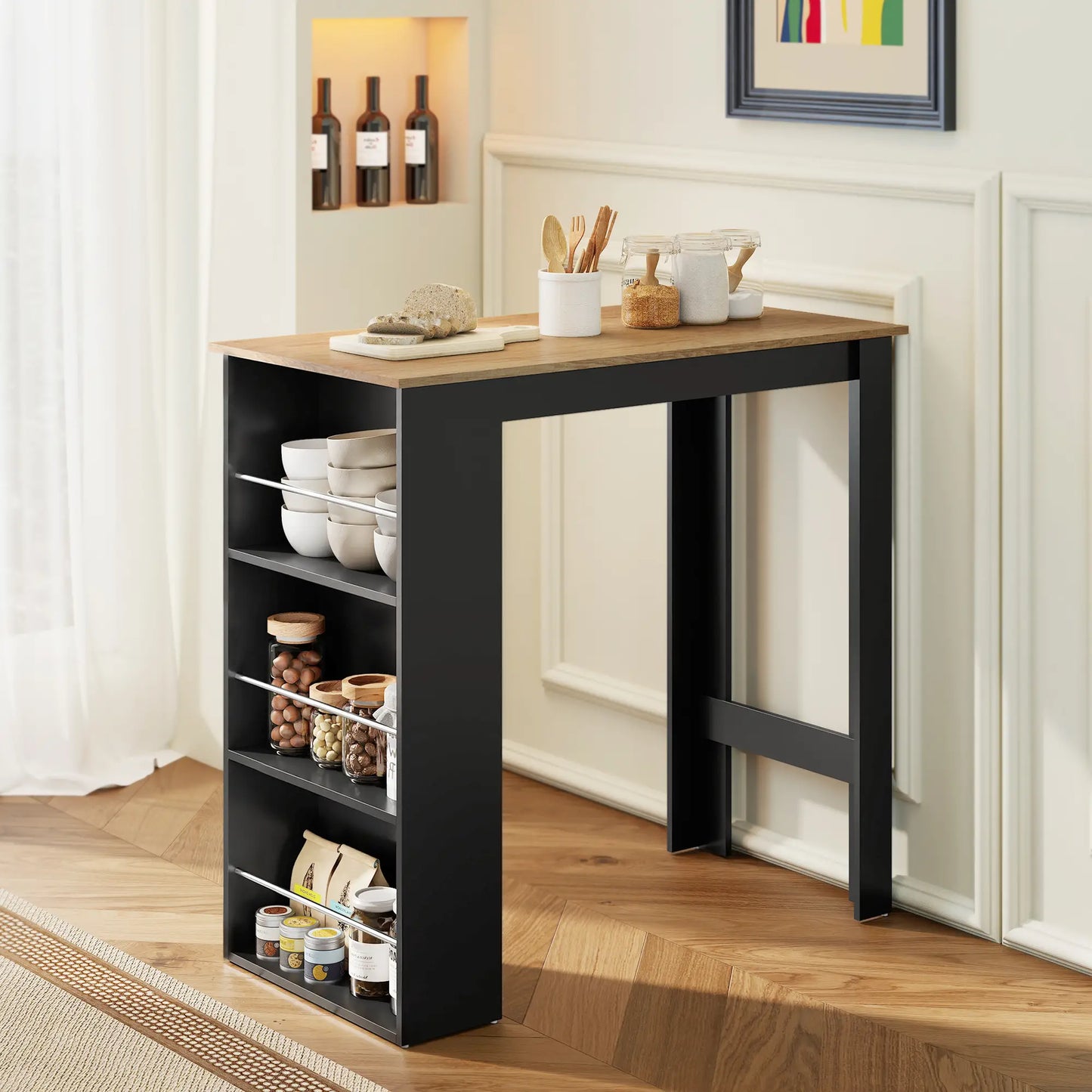 Modern Bar Table, Counter Height With 3 Storage Shelves, Walnut Bar Tables at Gallery Canada