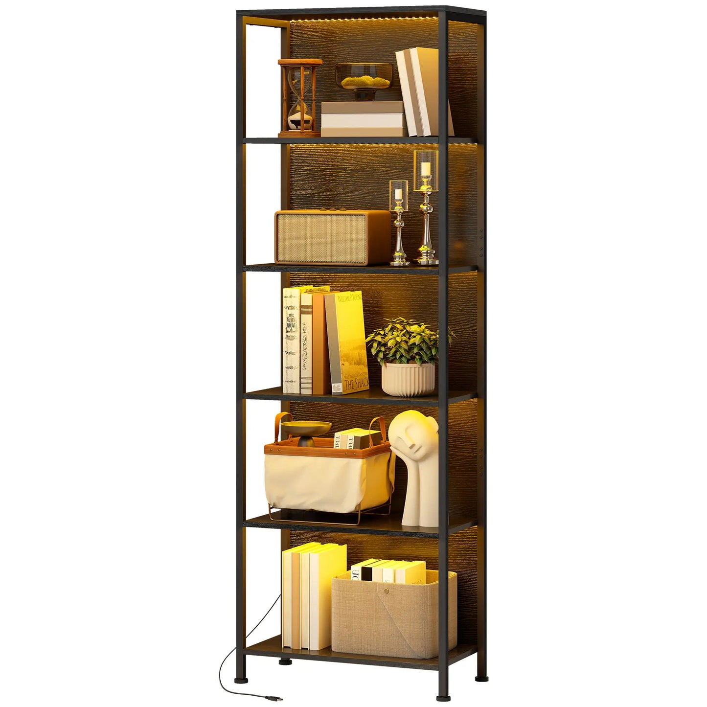 5-Tier Bookshelf With LED Lights, Metal Frame, Black