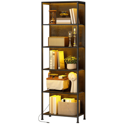 5-Tier Bookshelf With LED Lights, Metal Frame, Black