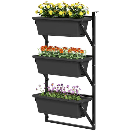 3-Tier Wall Planter Box, 3 Pots, Vertical Outdoor, Dark Grey