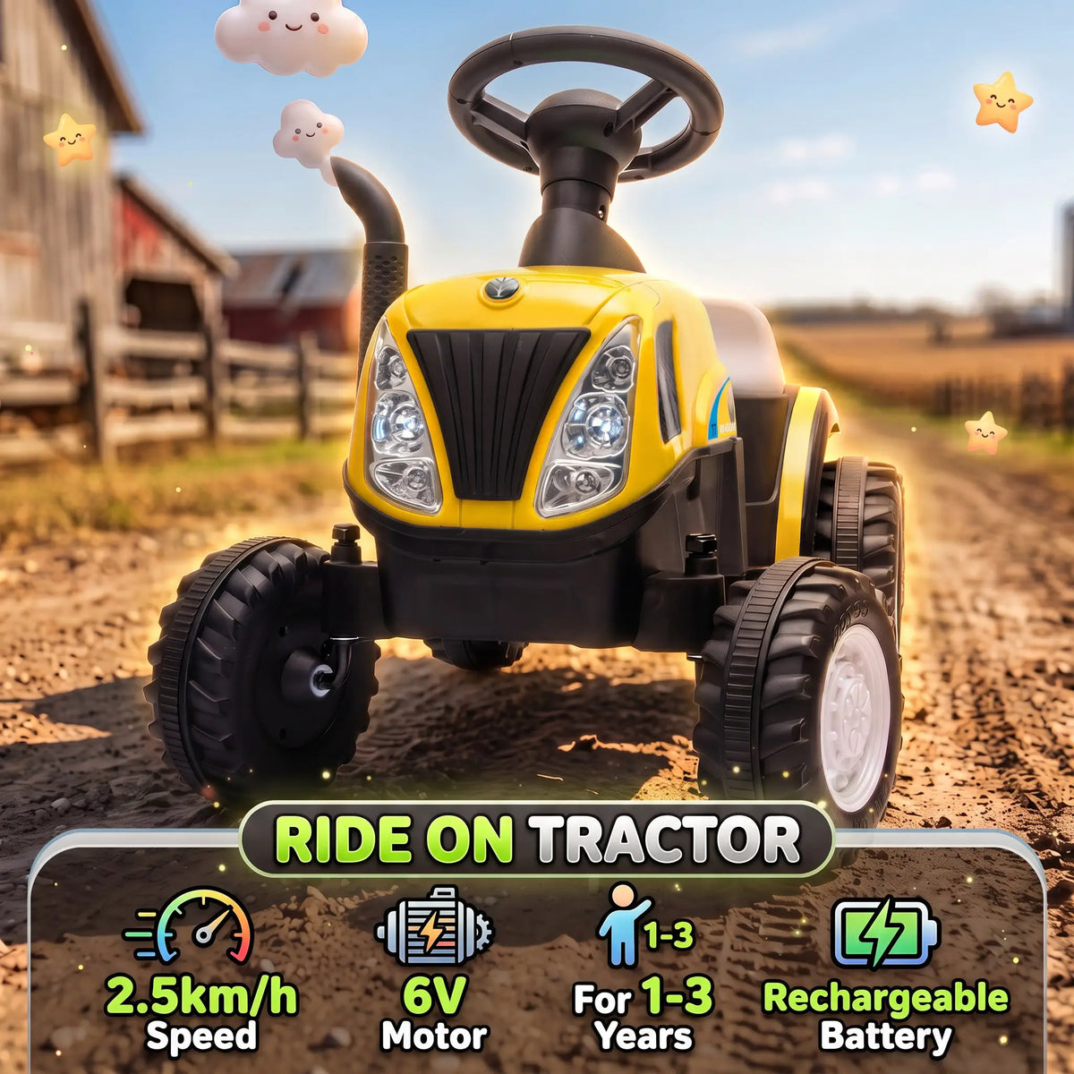 Tracteur pour enfants 6V véhicule électrique, remorque détachable, musique, jaune