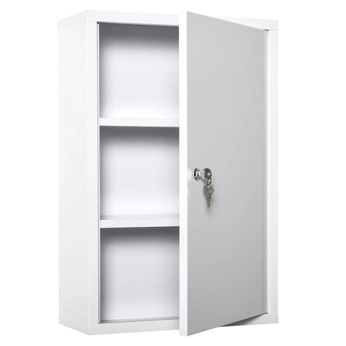 Wall Mount Medicine Cabinet, 3 Tier Steel, Lockable with 2 Keys, White