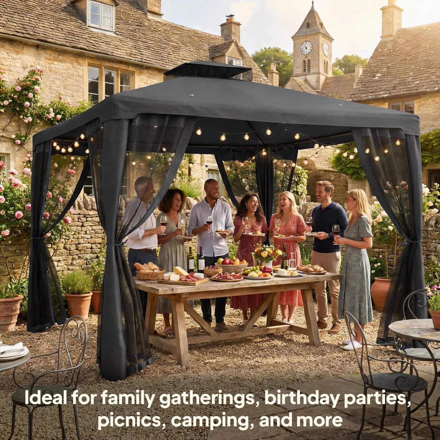 9.6' x 9.6' Gazebo, Steel Frame With Mosquito Netting, Dark Grey Gazebos at Gallery Canada