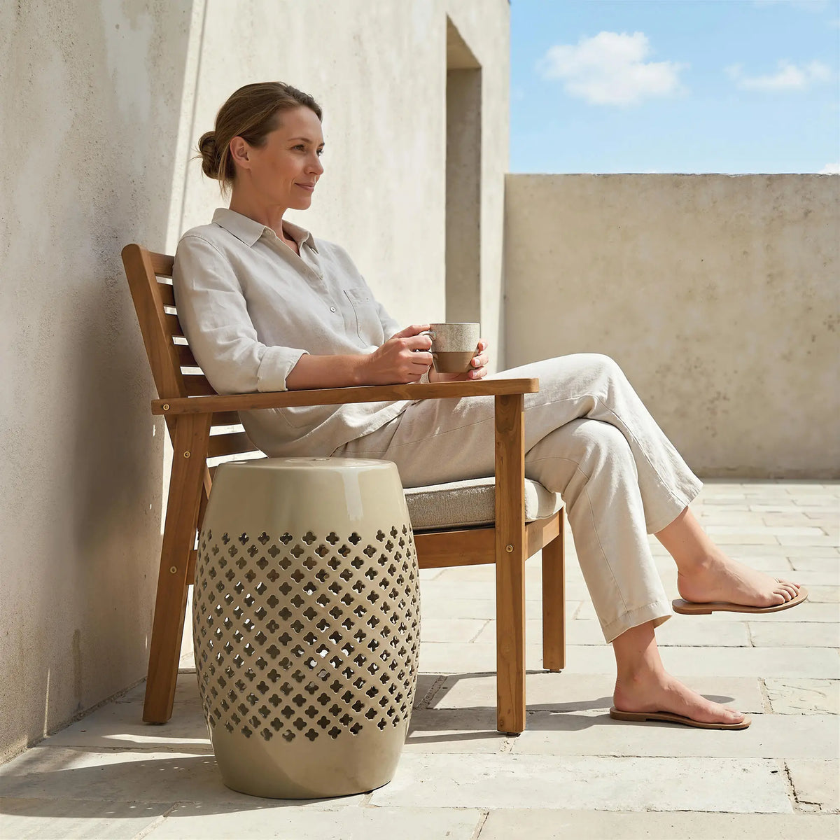 12.4" Steel Patio End Table, Round Hollow Drum Side Table, Khaki Patio Side Tables at Gallery Canada