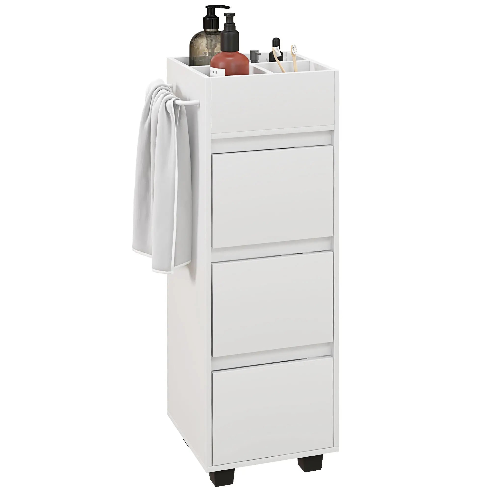 Slim Bathroom Cabinet, 4 Compartments, 3 Drawers, Towel Rack, White Freestanding Bathroom Cabinets at Gallery Canada