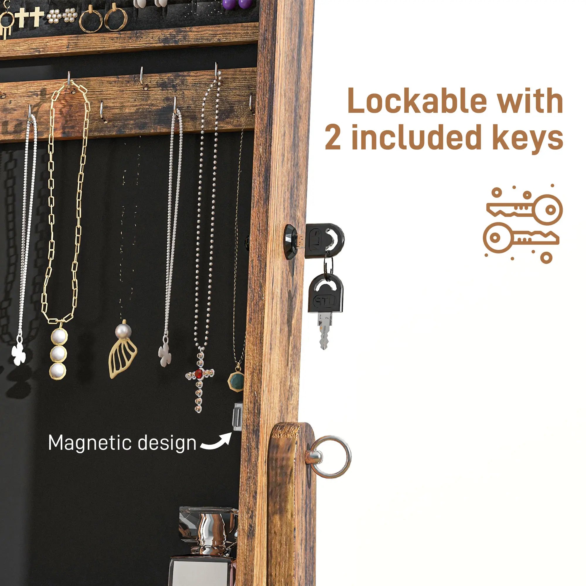 Lockable Mirror Jewelry Cabinet, Full-Length, 3 Adjustable Angles, Rustic Brown Jewelry Armoire & Jewellery Mirror Cabinets at Gallery Canada