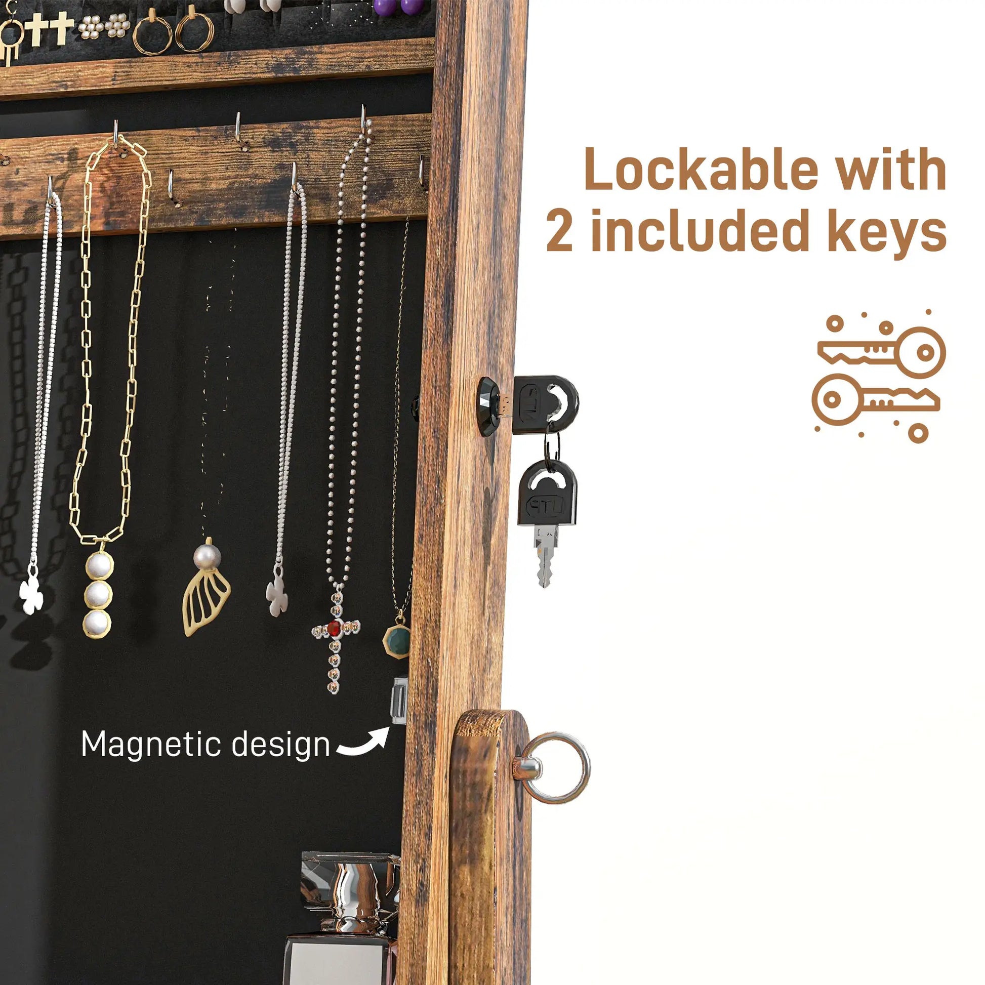Lockable Mirror Jewelry Cabinet, Full-Length, 3 Adjustable Angles, Rustic Brown Jewelry Armoire & Jewellery Mirror Cabinets at Gallery Canada