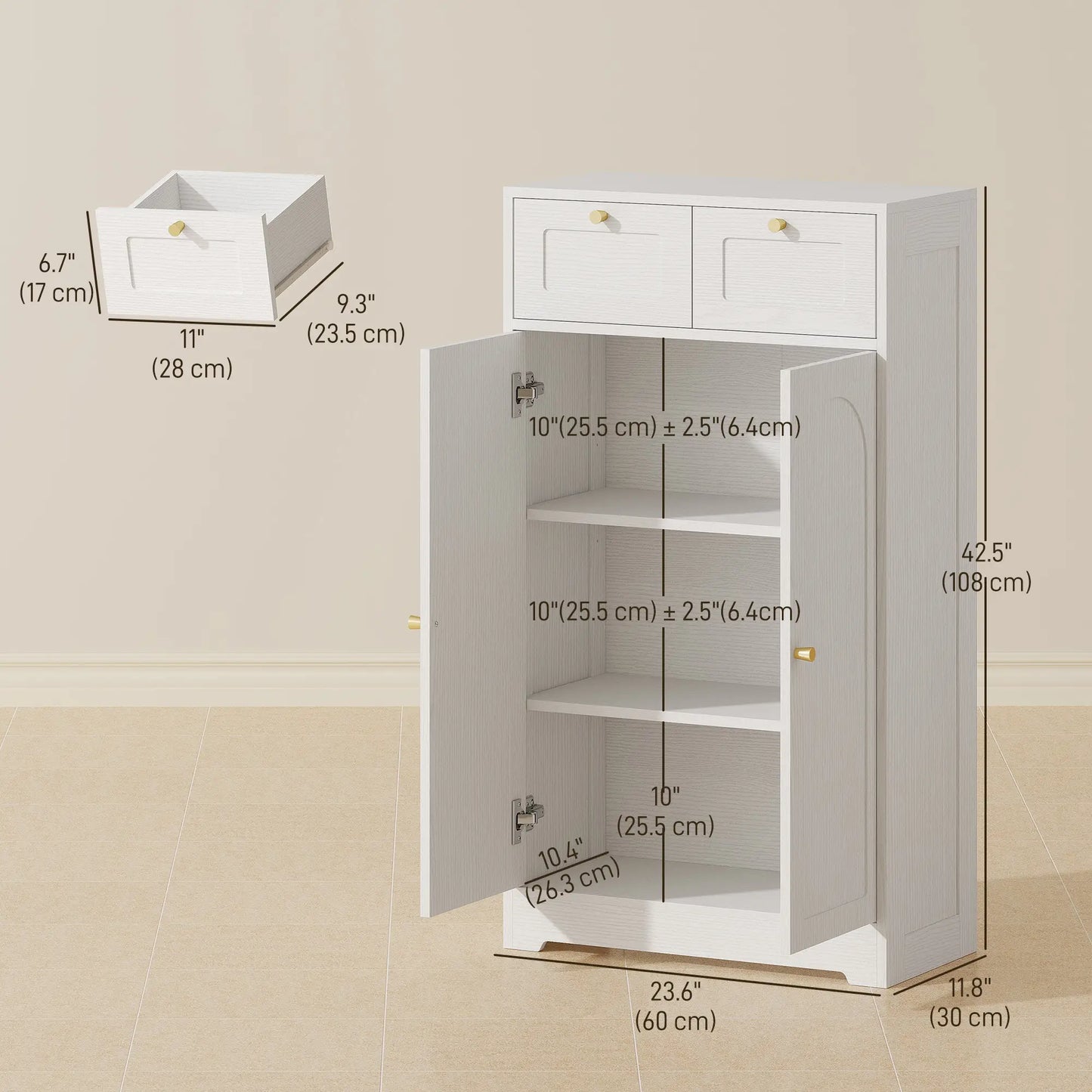 Bathroom Floor Cabinet With 2 Drawers, White
