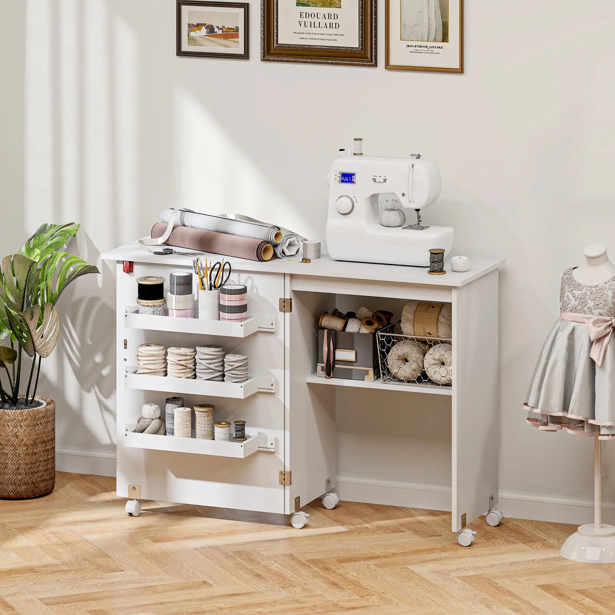 Folding Sewing Table with Storage, Lockable Wheels, White Storage Cabinets at Gallery Canada