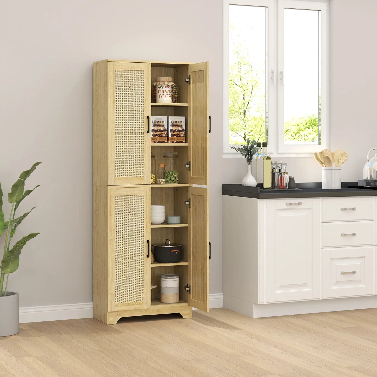 67" Tall Kitchen Pantry, Freestanding Cabinet, 4 Rattan Doors, Adjustable Shelves, Oak Storage Cabinets at Gallery Canada