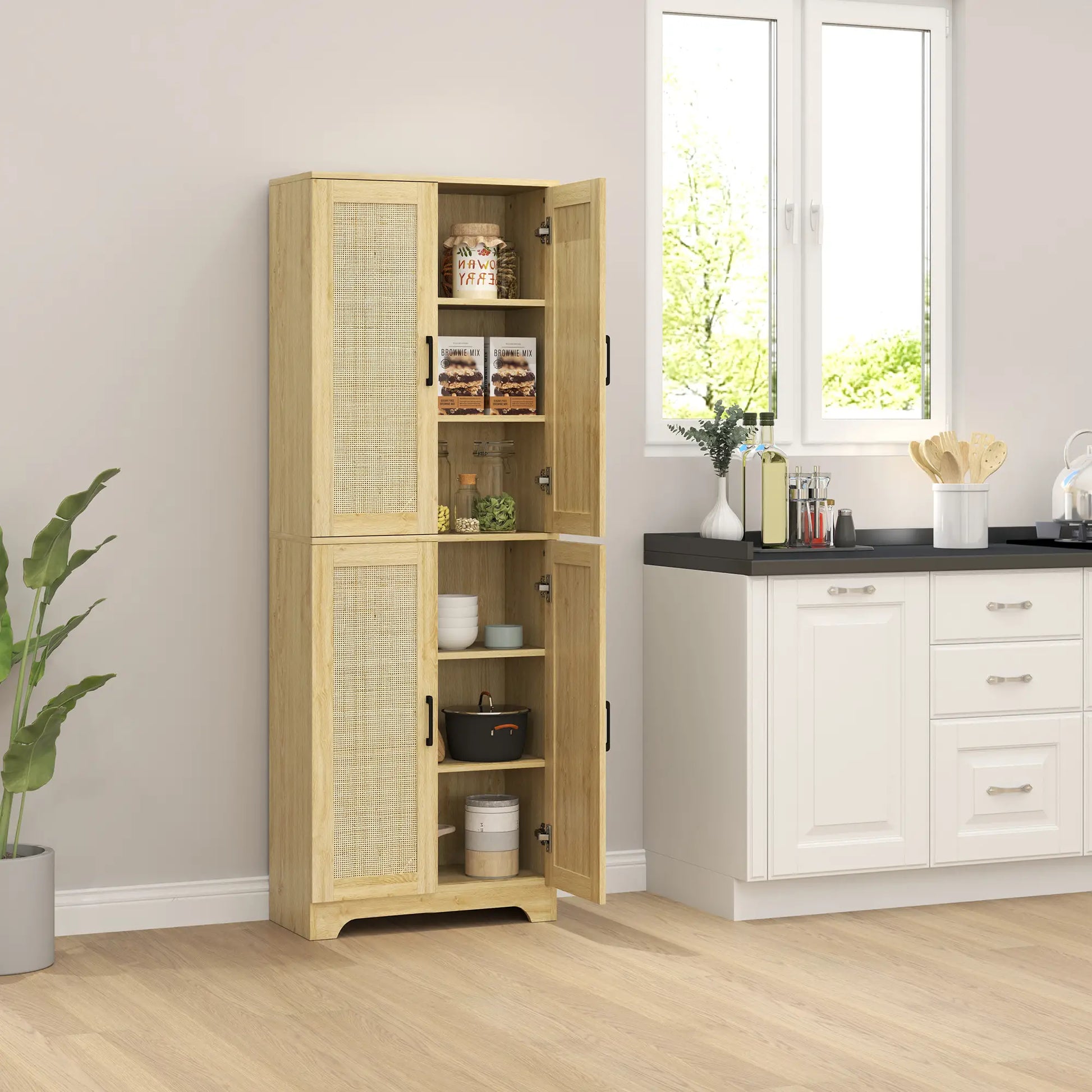 67" Tall Kitchen Pantry, Freestanding Cabinet, 4 Rattan Doors, Adjustable Shelves, Oak Storage Cabinets at Gallery Canada