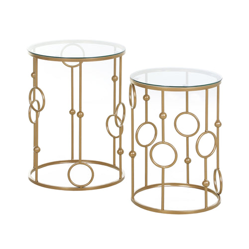 Round Coffee Tables Set of 2, Gold Nesting Side End Tables with Tempered Glass Top, Steel Frame for Living Room