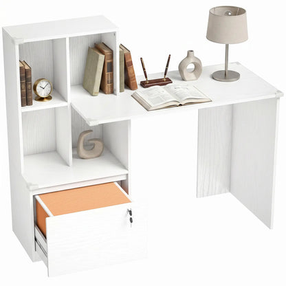 Bureau d'ordinateur avec bibliothèque et tiroir classeur, grain de bois blanc, blanc