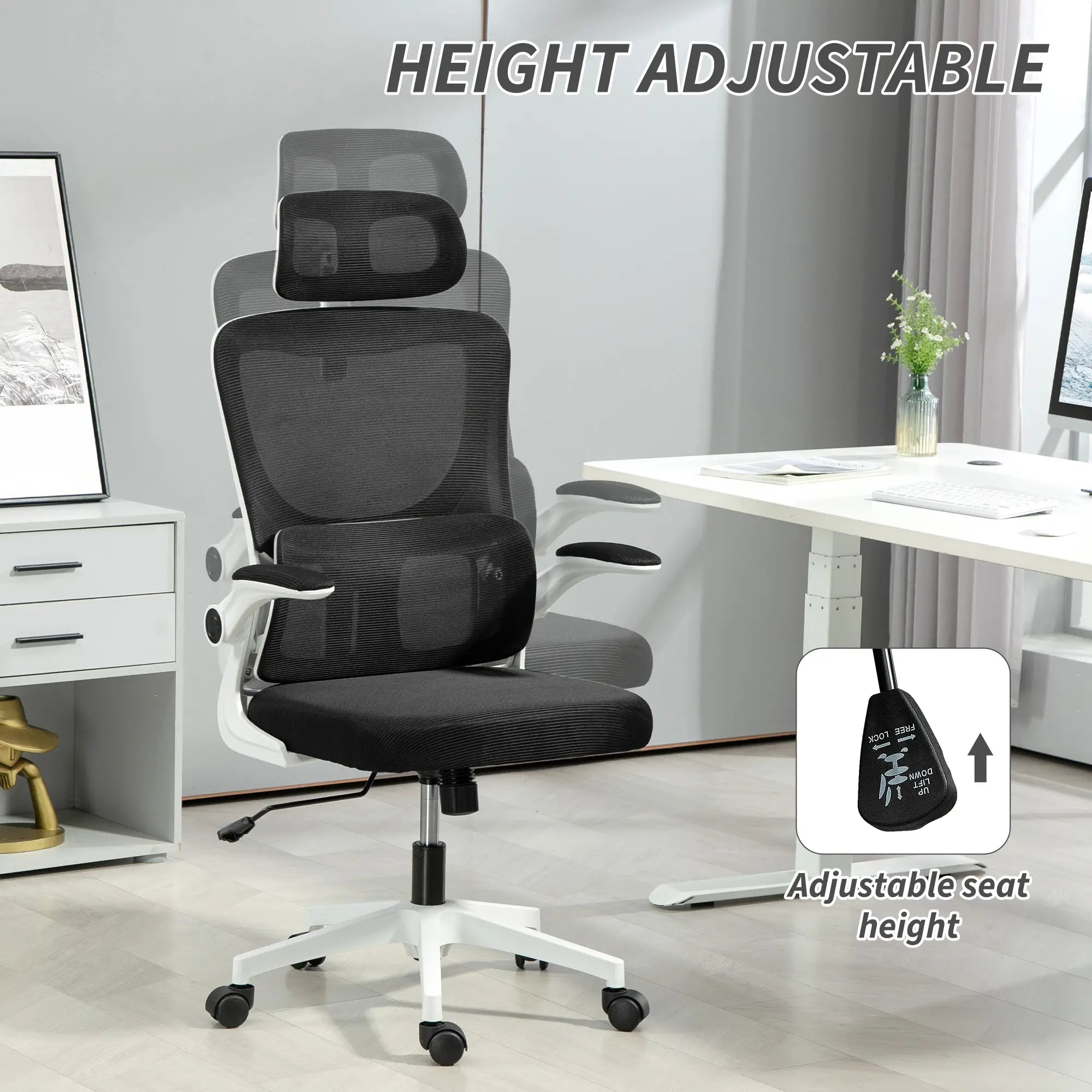 Mesh Office Chair, High Back with Headrest, Lumbar Support, Adjustable Height, Black Executive & Manager Chairs at Gallery Canada
