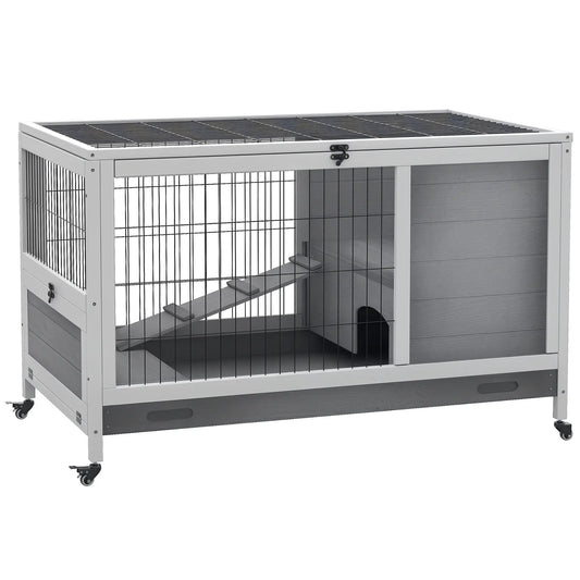 Wooden Indoor Rabbit Hutch, Elevated Bunny Cage with Wheels, Grey Rabbit Hutch Grey at Gallery Canada